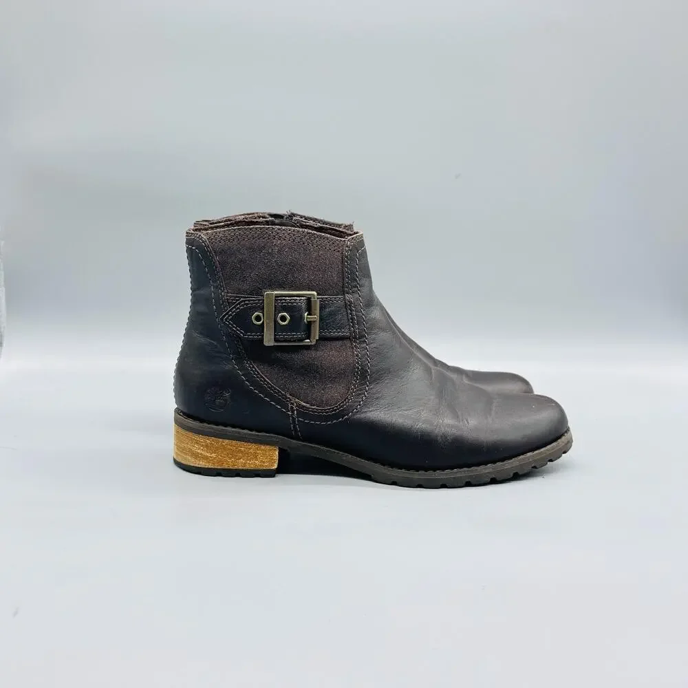 Timberland Boots Womens 7 Brown Leather Earthkeepers Ankle Buckle Zip Booties